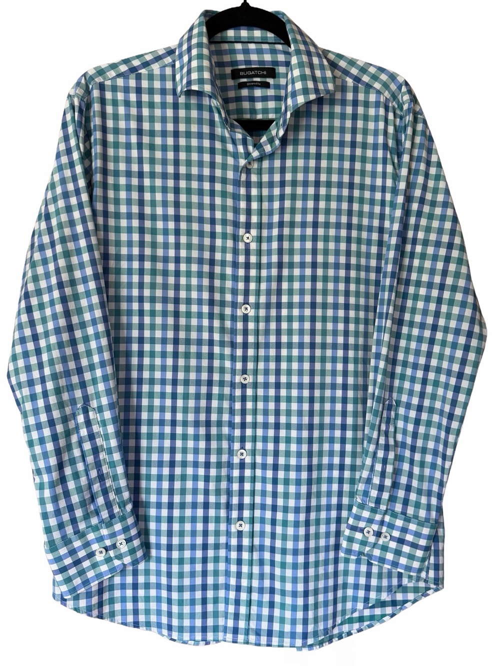 Bugatchi | Shaped Fit | Men’s M | Blue Teal Gingham Check Long Sleeve Shirt